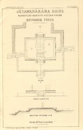 Plate XIV. Jêtawanârâma ruins. Monastery north of Kuttam Pokuna. Entrance porch. Plan. Front elevation. Section through A. B.