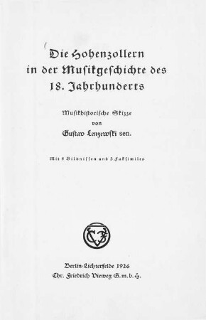 Die Hohenzollern in der Musikgeschichte des 18. Jahrhunderts : musik-historische Skizze
