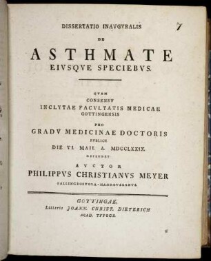 Dissertatio Inavgvralis De Asthmate Eivsqve Speciebvs