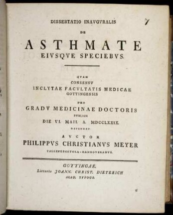 Dissertatio Inavgvralis De Asthmate Eivsqve Speciebvs