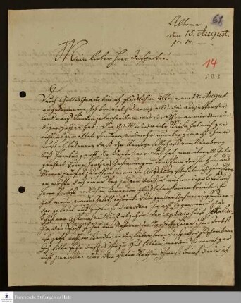 Brief von Johann Ernst Bergmann an Sebastian Andreas Fabricius über seine Reise nach Altona und sein Zusammentreffen mit Johann Gotthilf Probst.