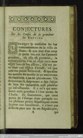Conjectures sur les Causes de la Grandeur Des Romains