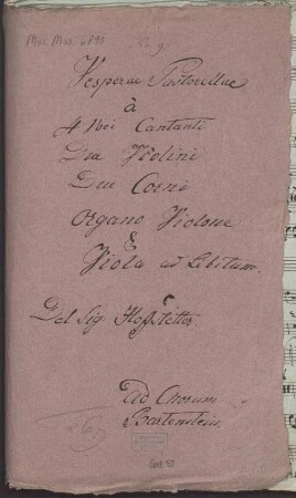 Vespers, V (4), vl (2), tr (2), bc, UnvH 72.4, D-Dur - BSB Mus.ms. 6890 : [dust cover title:] Vesperae Pastorellae // à // 4 Voci Cantanti // Due Violini // Due Corni // Organo Violone // & // Viola ad libitum