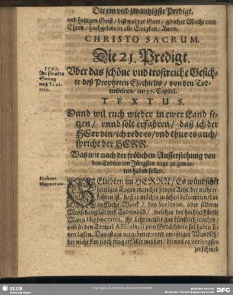 Die 21. Predigt. Uber das schöne und trostreiche Gesichte des Propheten Ezechielis, von den Todtenbeinen, am 37. Capitel