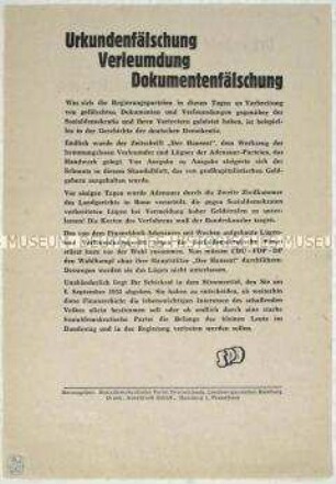 Propagandaflugblatt der SPD zur Bundestagswahl 1953 mit Polemik gegen den Wahlkampf der CDU