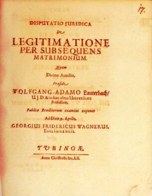 Disputatio Juridica De Legitimatione Per Subsequens Matrimonium