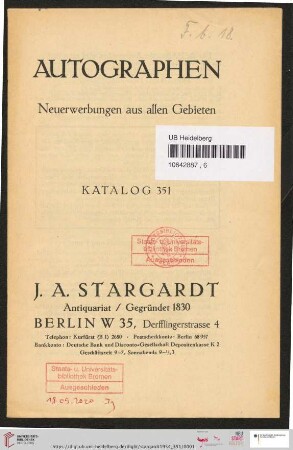 Nr. 351: Katalog / J. A. Stargardt: Autographen