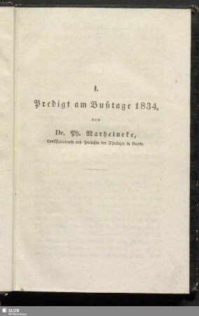 I. Predigt am Bußtage 1834