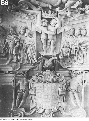 Comotan, G.; Vinetti, Giulio. Stuckdecke. 1662. Detail: Puttengruppe und Kurbrandenburgisches Wappen über der Osttür. Bautzen, Ortenburg, Audienzsaal