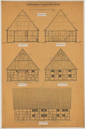 Sassendorf (Kreis Soest): Hof Gämkerschulze. Haupthaus (Ansicht, Schnitt)