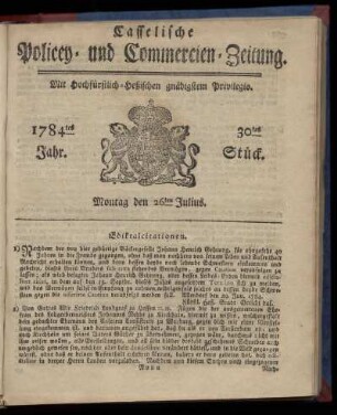 30tes Stueck, Montag den 26ten Julius. 1784