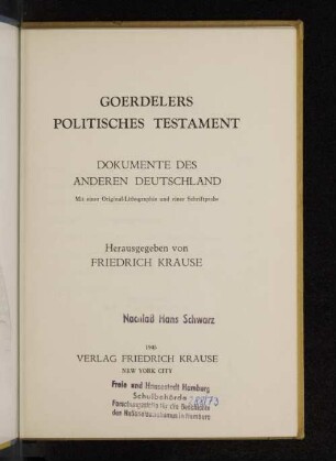 Goerdelers politisches Testament : Dokumente des anderen Deutschland
