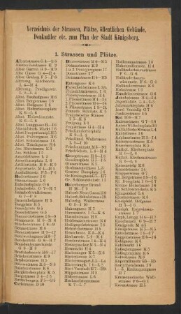 Verzeichnis der Strassen, Plätze, öffentlichen Gebäude, Denkmäler etc. zum Plan der Stadt Königsberg.