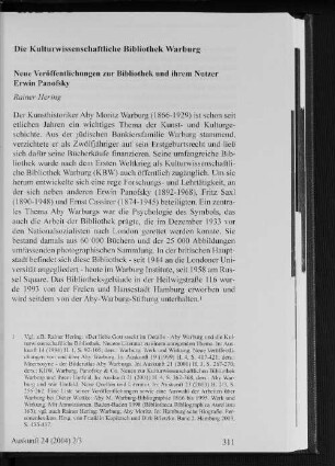 Die Kulturwissenschaftliche Bibliothek Warburg : Neue Veröffentlichungen zur Bibliothek und ihrem Nutzer Erwin Panofsky