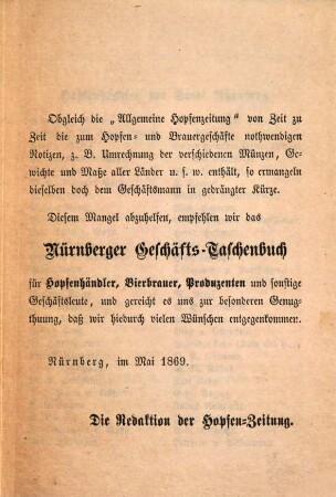 Nürnberger Geschäfts-Taschenbuch für Hopfenhändler, Bierbrauer, Produzenten und Geschäftsleute