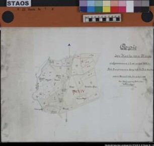 Auszug aus der Landesvermessungs-Karte Du Plats von 1784. (Flur XIV östlich der Hase. Vergl. K 100 Nr. 1 III 6b), 1784 (1886) Ausf.-Art: Farbige Zeichnung Herst.: Flerlage Format: 33 x 44 cm Maßstab: 1 : 3840