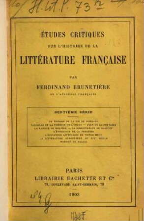 Études critiques sur l'histoire de la littérature française, VII