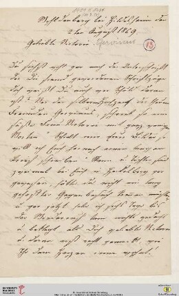 Nachlass Georg Gottfried Gervinus. Korrespondenz Carl und Sophie Oesterley/Georg Gottfried und Viktoria Gervinus: Brief von Sophie Oesterley an Viktoria Gervinus