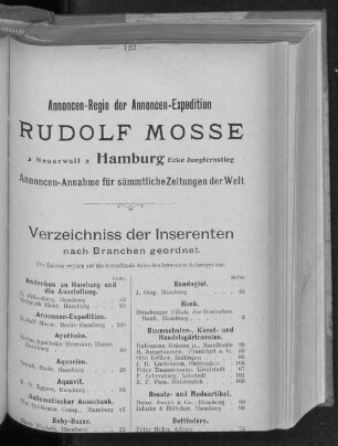 Verzeichniss der Inserenten nach Branchen geordnet.