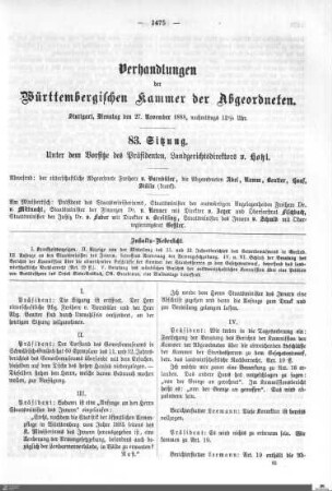 83. Sitzung, Stuttgart, 27.11.1888