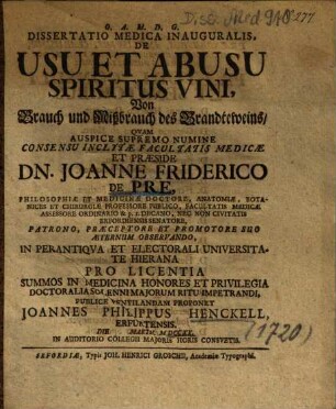 Dissertatio Medica Inauguralis, De Usu Et Abusu Spiritus Vini : = Von Brauch und Mißbrauch des Brandteweins