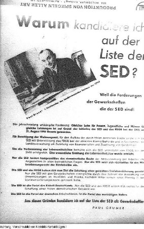 Wahlplakat zur Kandidatur von Paul Gruner als Gewerkschaftler auf der Dresdner Liste der SED, 1946
