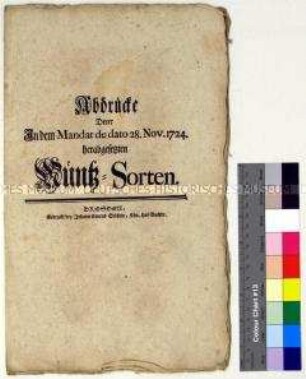 Beilage mit Abbildung der im Neuen Müntz-Mandat vom 28.11.1724 herabgesetzten Münzsorten