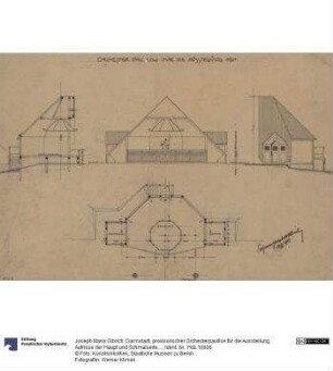 Darmstadt, provisorischer Orchesterpavillon für die Ausstellung, Aufrisse der Haupt und Schmalseite, Schnitt und Grundriss