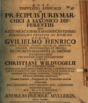 Disputatio avspicalis de praecipuis juris Marchici a Saxonico differentiis