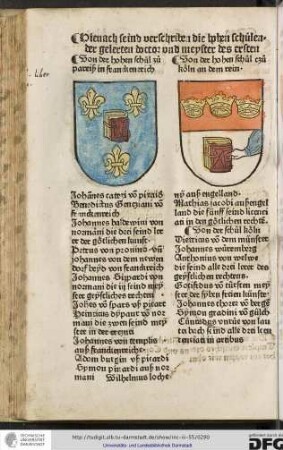 Hienach seind verschriben die hohen schuolen der gelerten doctor und meyster des ersten.