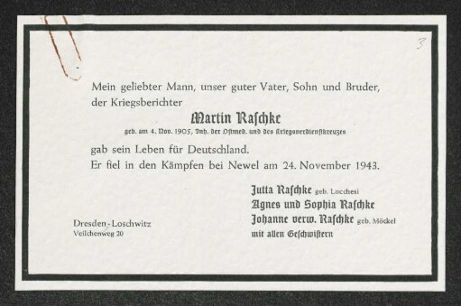 Brief von Jutta Raschke, Agnes Raschke, Sophia Raschke und Johanne Raschke an Gerhart Hauptmann