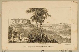 Das Elbtal mit dem Königstein links und dem Lilienstein rechts vom "Quirl" in der Sächsischen Schweiz nach Norden, aus Richters 30 An- und Aussichten zum Taschenbuch für die Sächsische Schweiz