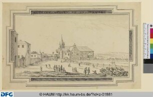 Ansicht eines Platzes mit Kirche im Hintergrund