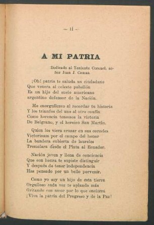 A mi patria : Dedicado al Teniente Coronel, señor Juan J. Comas