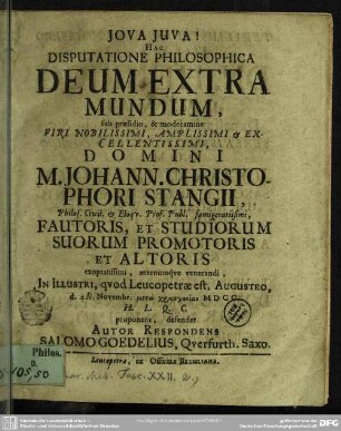 Hac disputatione philosoph. Deum extra Deum