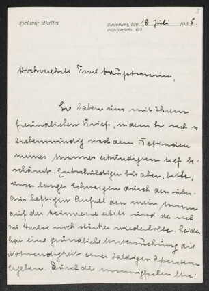 Brief von Hedwig Buller an Margarete Hauptmann