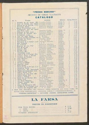 Catálogo : "Prensa Moderna", Archivo de obras teatrales