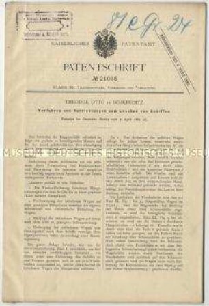 Patentschrift einer Vorrichtung zum Löschen von Schiffen, Patent-Nr. 21015