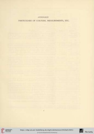 Appendix: Particulars of colours, measurements, etc.