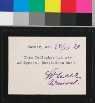 Dankeskarte von Admiral Scheer, 27.10.1920
