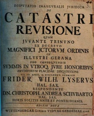 Disp. inaug. iur. de catastri revisione