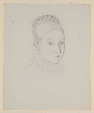 Weibliches Porträt in Dreiviertelansicht nach rechts [aus einer Mappe mit Skizzenblättern von Gisela von Arnim und Herman Grimm]