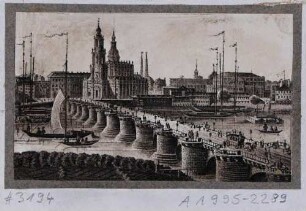 Stadtansicht von Dresden, Blick aus der Neustadt über die Elbe mit Booten und Badeanstalt sowie die Augustusbrücke auf die westliche Altstadt