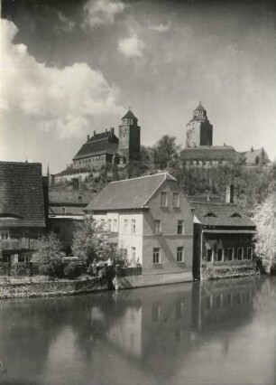 Eilenburg, Burgberg : Eilenburg. Blick über den Mühlgraben nach Nordwesten zum Burgberg mit Amtshaus (Kreisgericht) und Türmen der Burg
