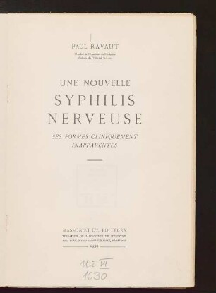 Une nouvelle Syphilis nerveuse : ses formes cliniquement inapparantes