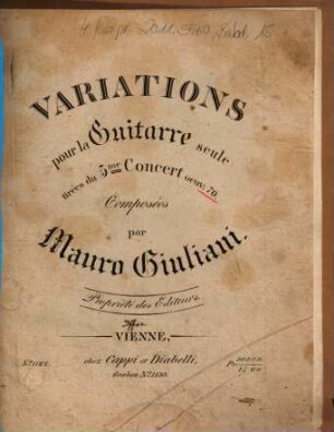 Variations pour la guitarre seule : tirées du 3me concert ; oeuvr: 70