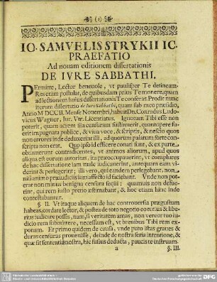 Praefatio Ad novam editionem dissertationis De Iure Sabbathi