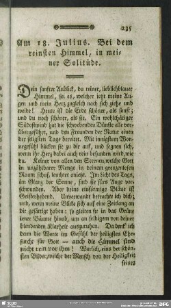 Am 18. Julius. Bei dem reinsten Himmel, in meiner Solitüde