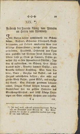 XIX. Brief. Fridrich der Zweyte König von Preusen an Herrn von Alembert