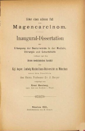 Ueber einen seltenen Fall von Magencarcinom ...